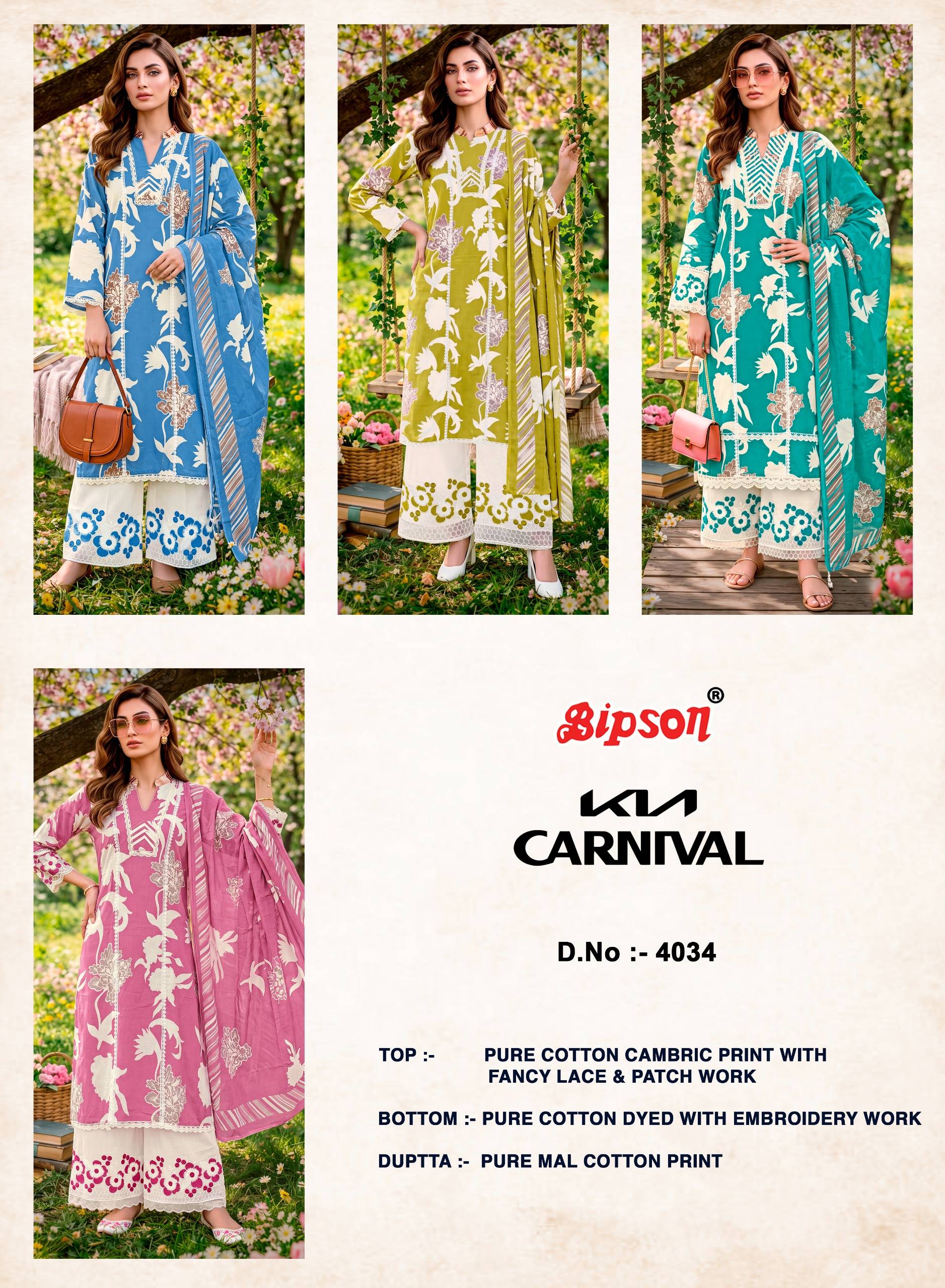 KIA CARNIVAL - 4034 Series By BIPSON PRINTS Stylish Beautiful Colourful Pure Cotton Cambric Dresses At Wholesale Price